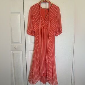 Maison Tara Maxi Dress Symmetrical Ruffle 3/4 Sleeve V-Neck Waist Wrap Summer